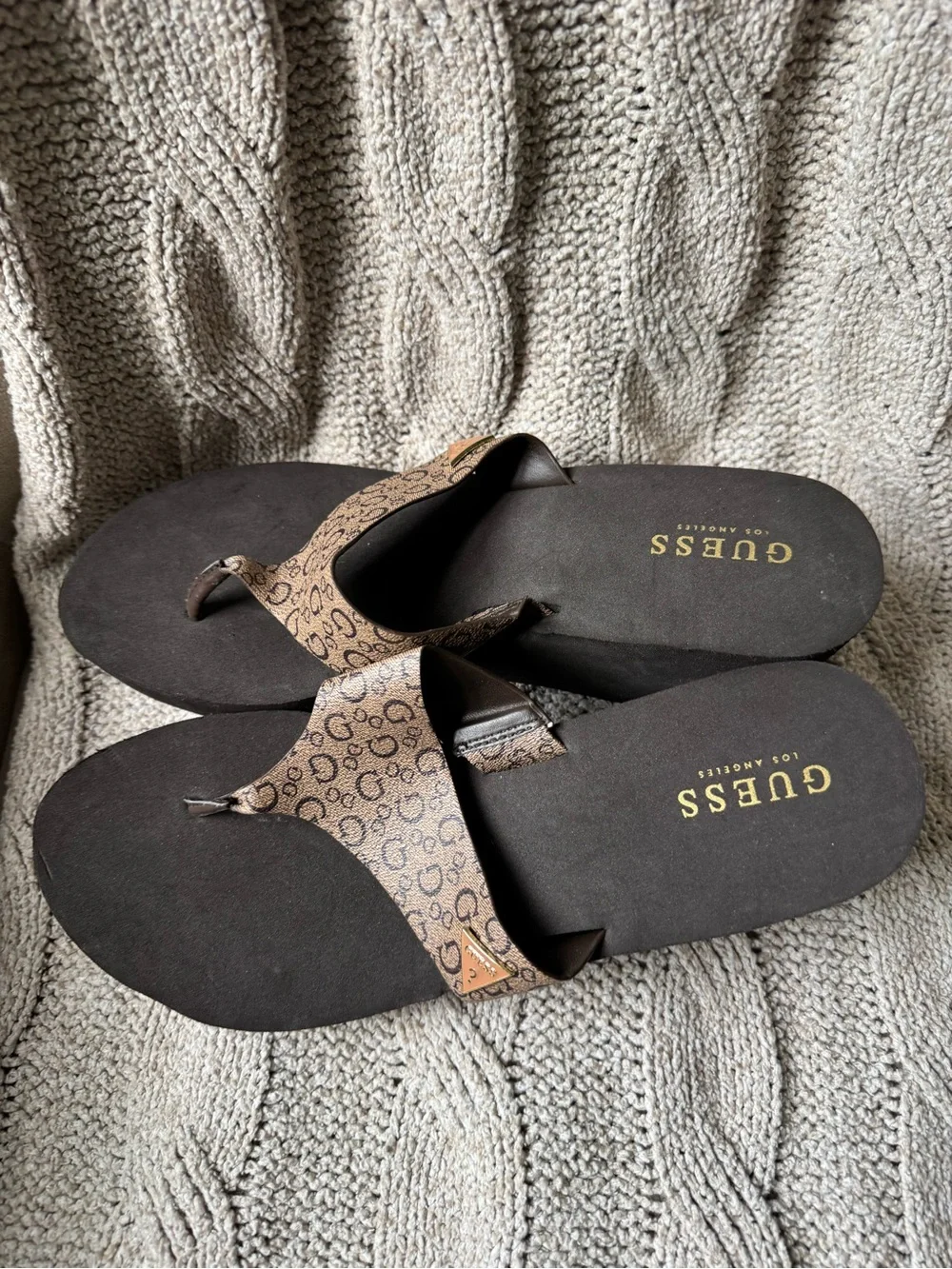 GUESS Black Wedge Flip Flops with Tan Monogram Strap